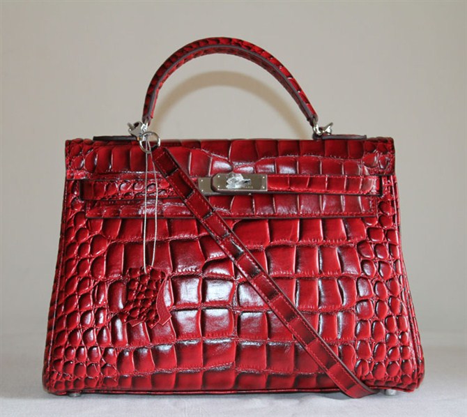 7A Replica Hermes Kelly 32cm Crocodile Veins Leather Bag Red HC0001 (3)